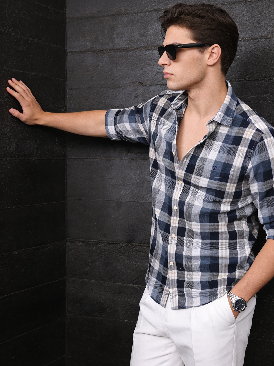 Mist Grey and Beige Checked Casual Shirt