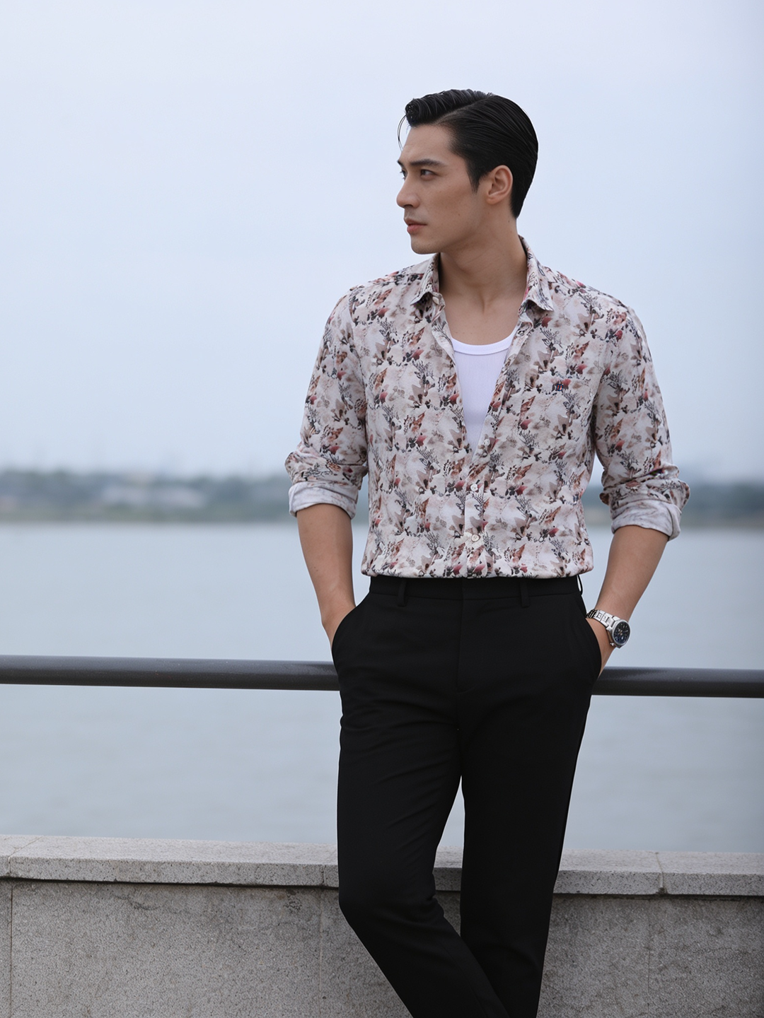 Petal Pink and Beige Artistic Floral Printed Casual Shirt
