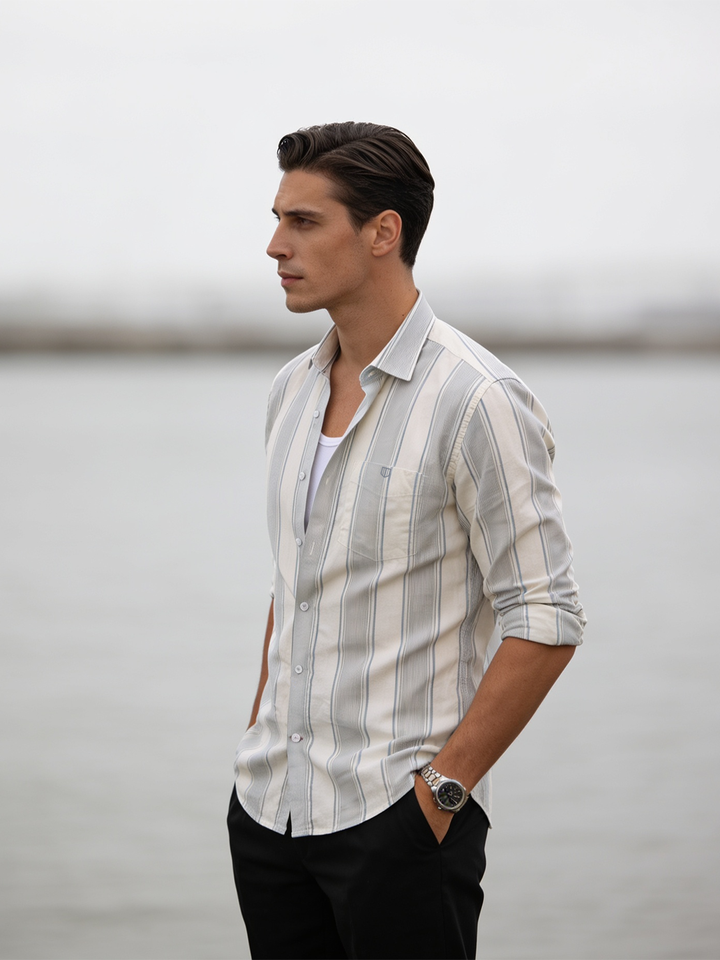 Cloud Grey and White Striped Casual Shirt