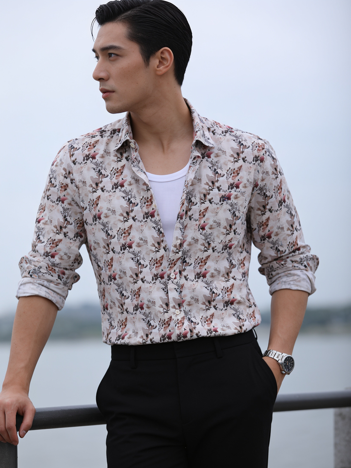 Petal Pink and Beige Artistic Floral Printed Casual Shirt