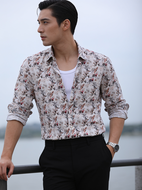 Petal Pink and Beige Artistic Floral Printed Casual Shirt
