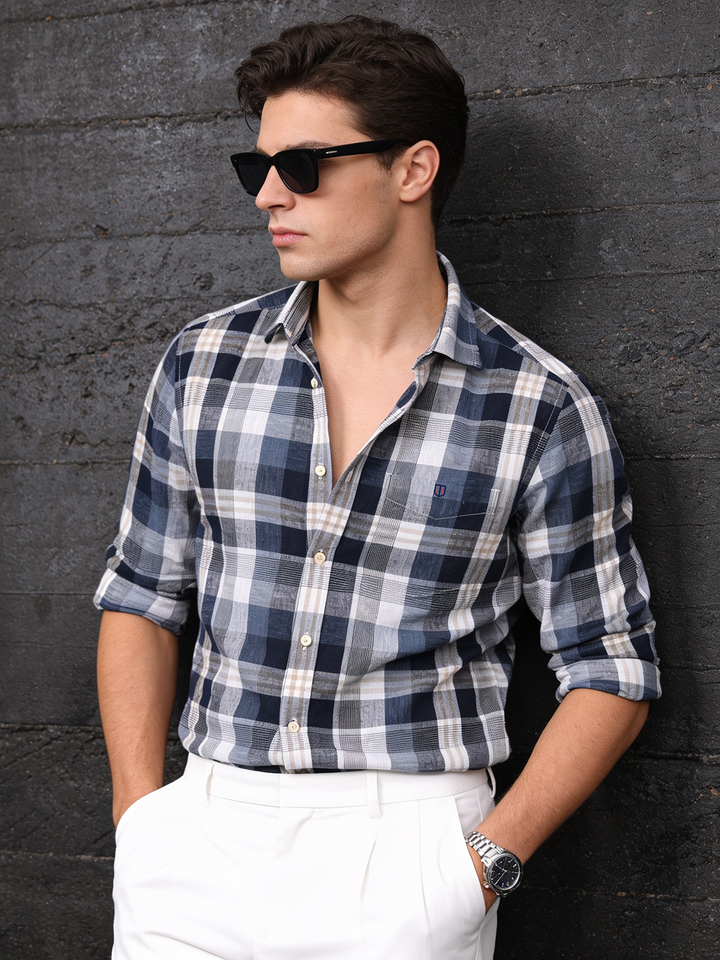 Mist Grey and Beige Checked Casual Shirt