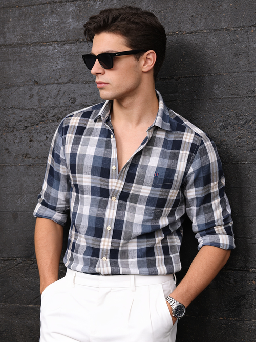 Mist Grey and Beige Checked Casual Shirt