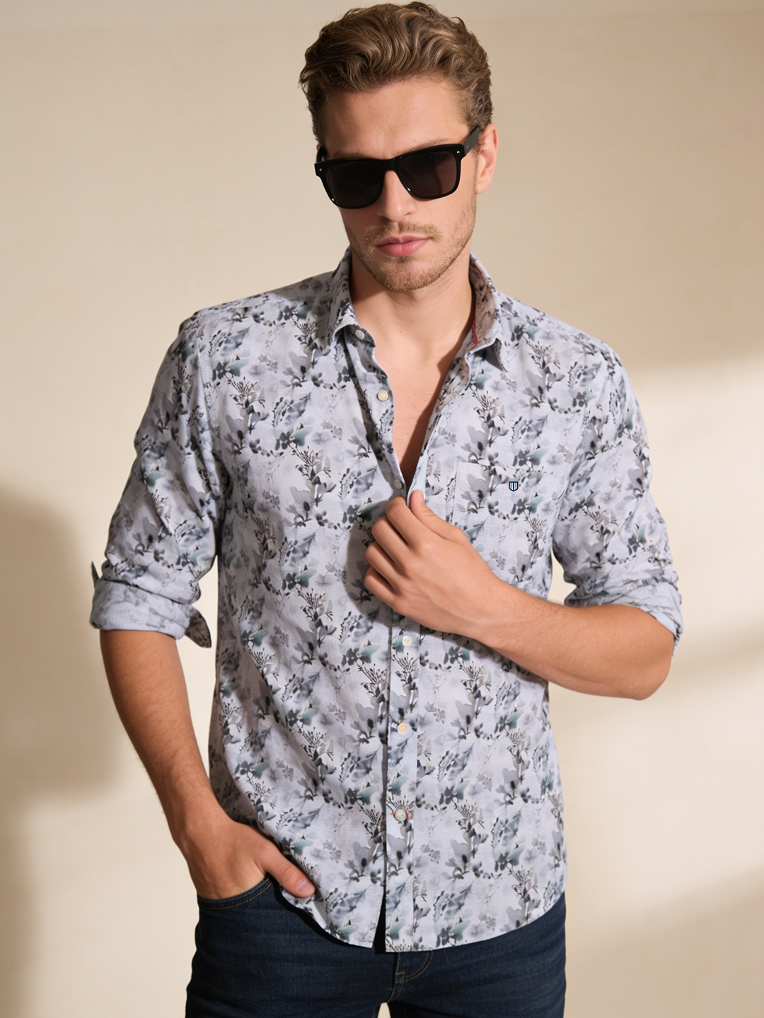 Glacier Grey Leaf Printed Casual Shirt
