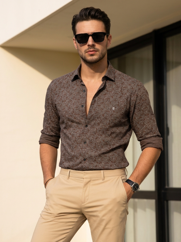 Roasted Brown Floral Printed Casual Shirt