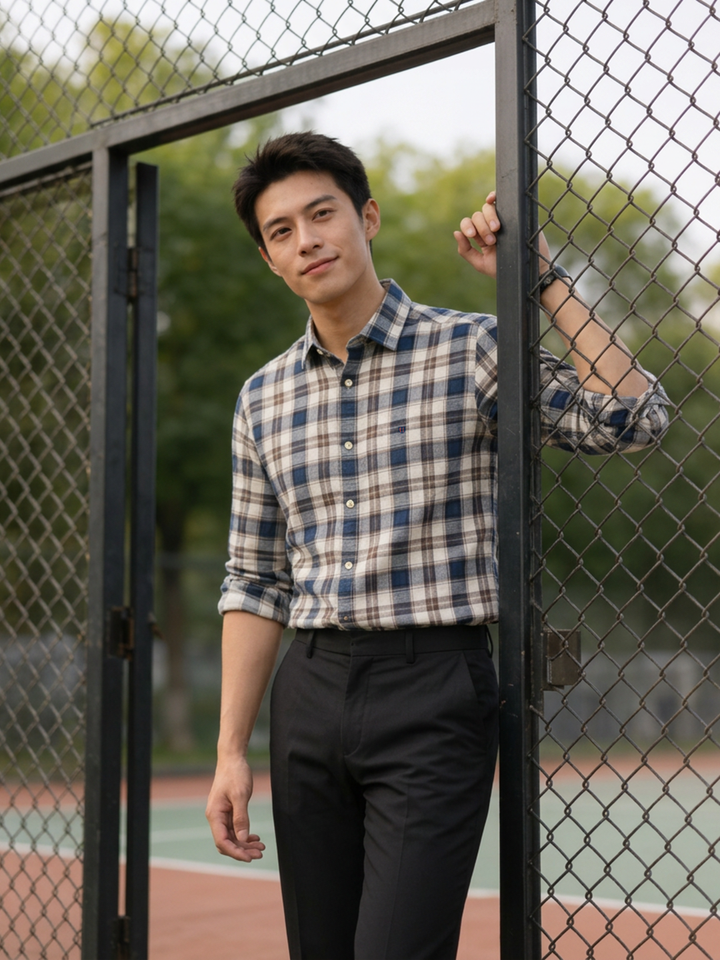 Mid Blue and Beige Checked Casual Shirt