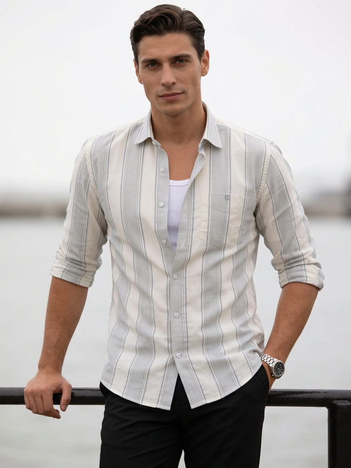 Cloud Grey and White Striped Casual Shirt