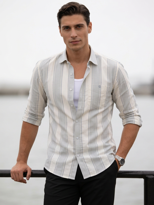 Cloud Grey and White Striped Casual Shirt