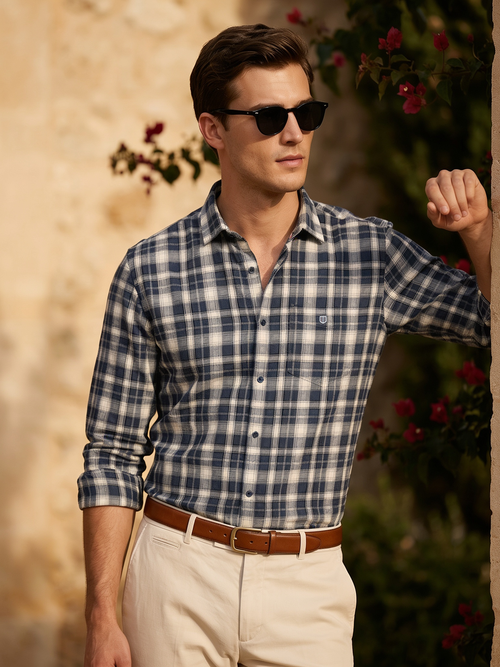 Mineral Blue and Birch White Checked Casual Shirt
