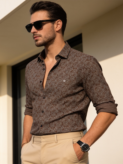 Roasted Brown Floral Printed Casual Shirt