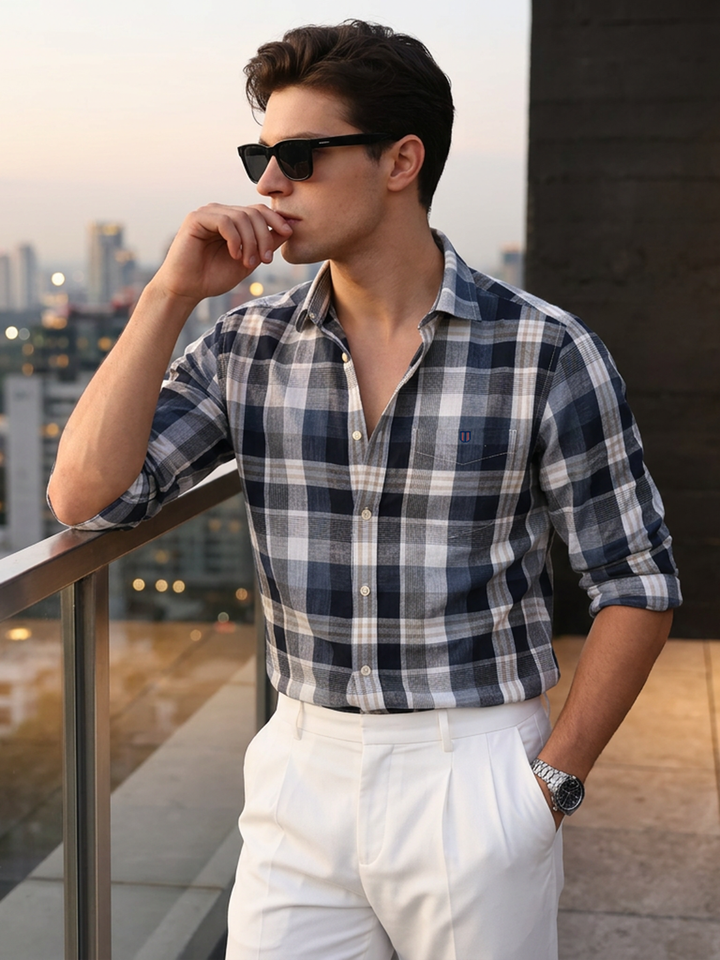 Mist Grey and Beige Checked Casual Shirt