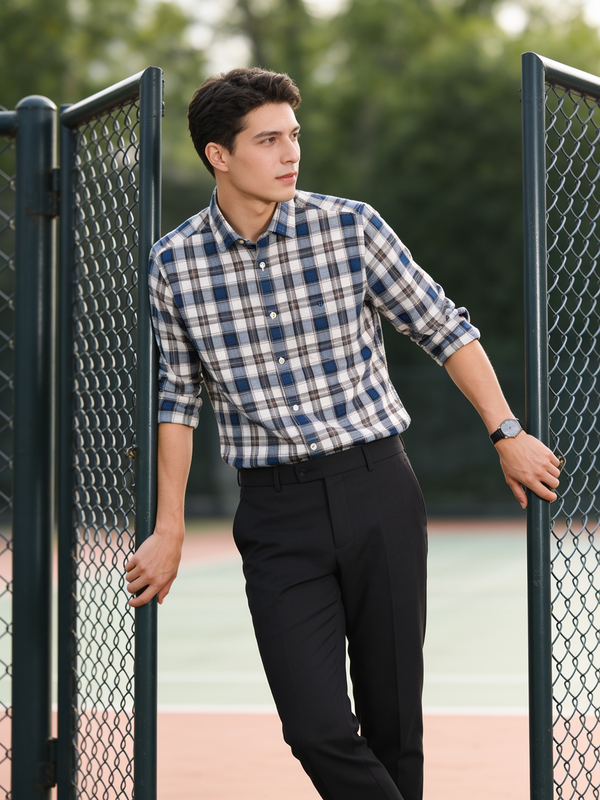 Mid Blue and Beige Checked Casual Shirt