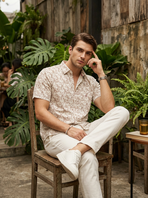 Cream and Maroon Printed Casual Shirt