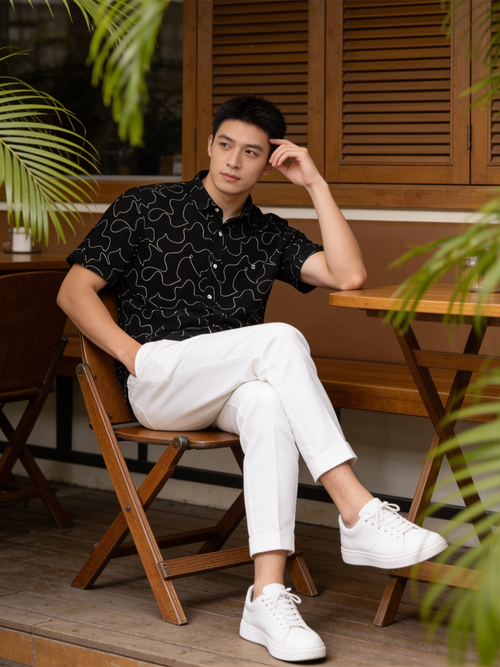 Black Abstract Dot Printed Casual Shirt