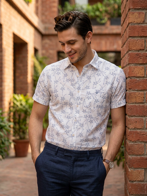 Navy Blue and White Floral Printed Casual Shirt