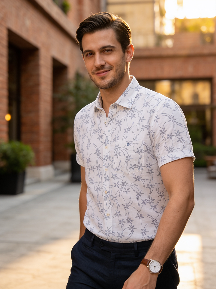 Navy Blue and White Floral Printed Casual Shirt
