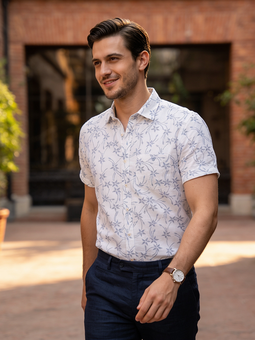Navy Blue and White Floral Printed Casual Shirt