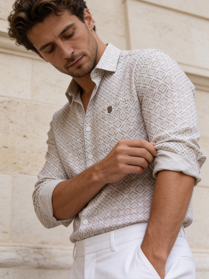 Shell Beige Geometric Square Printed Casual Shirt