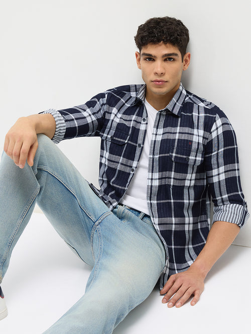 Indigo Blue Checked Casual Shirt With Two Pockets