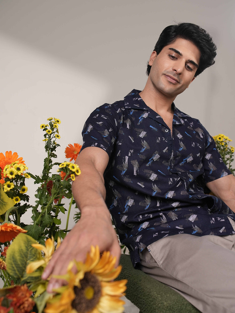 men printed casual blue shirt