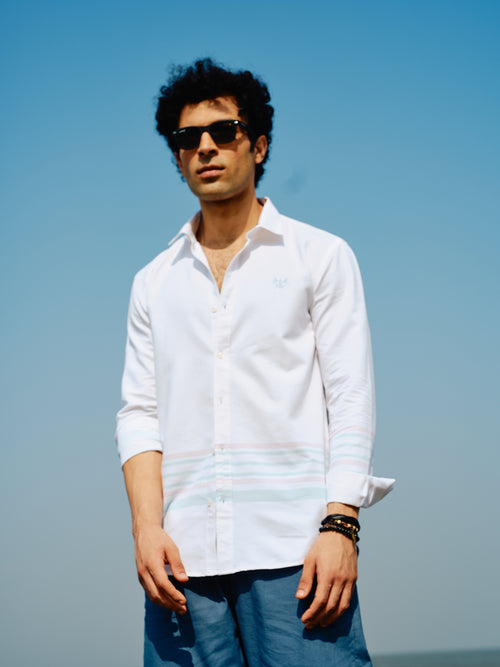 Moon White Panel Stripes Urban Casual Shirt