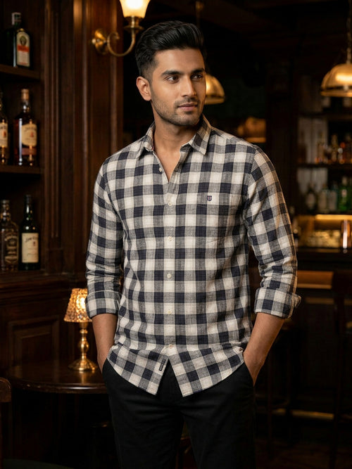 Coral Black and White Checked Casual Shirt
