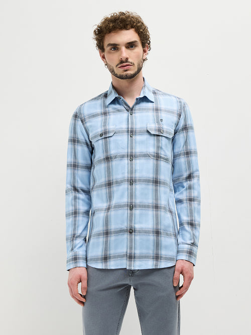 Sea Blue Checked Casual Shirt