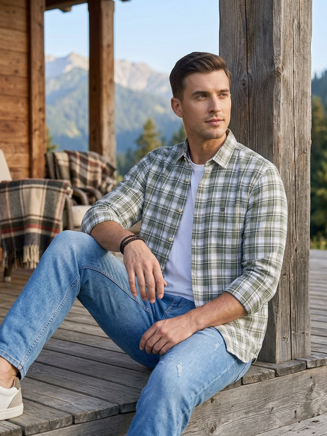 men's casual green check shirt