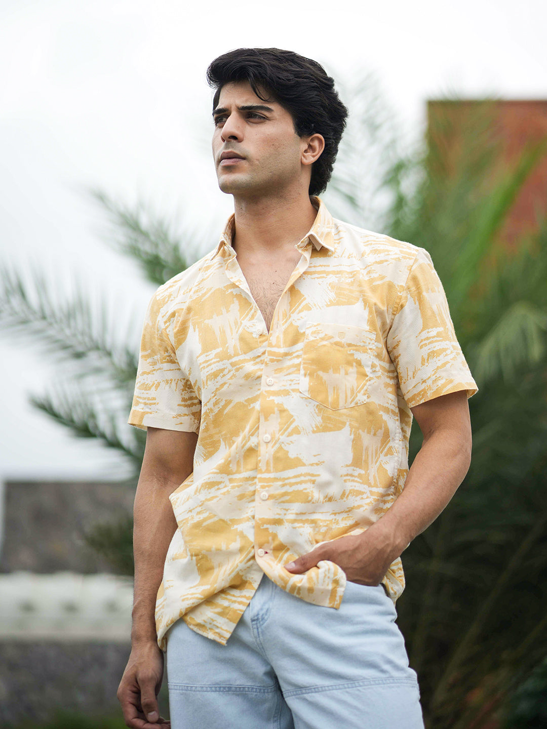 men's casual yellow shirt