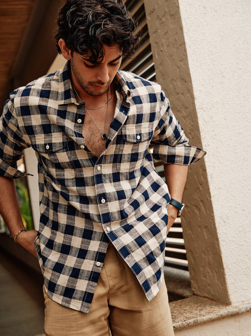 Navy Blue Checked Casual Shirt With Dual Pockets