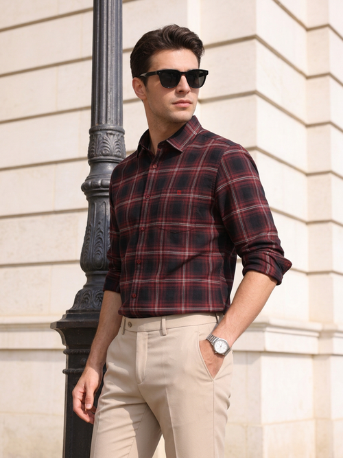 Dark Cherry Checked Casual Shirt