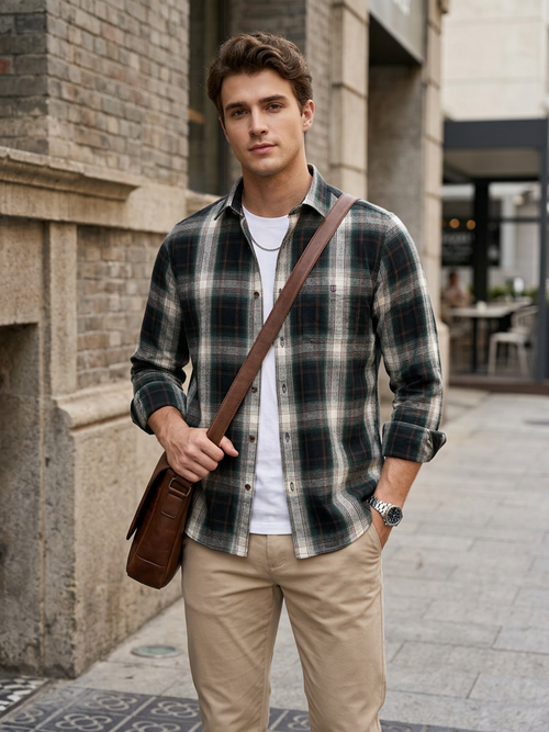 Charcoal Black and Cream Checked Casual Shirt