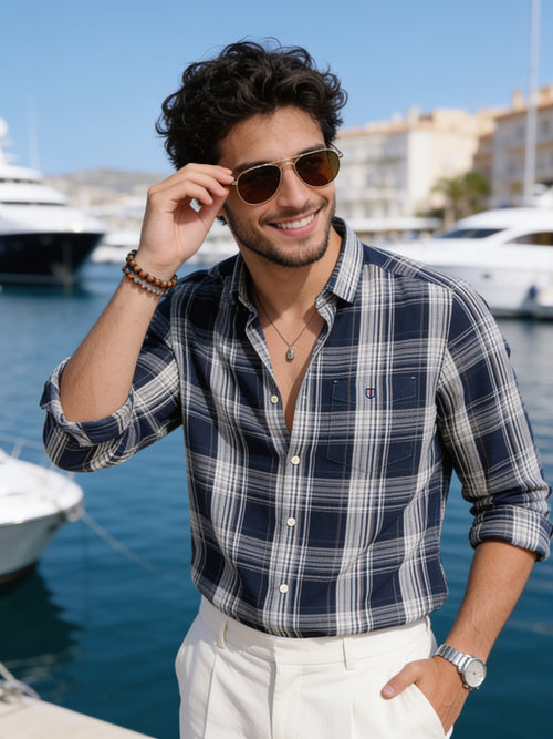 Frost Navy Blue Checked Casual Shirt