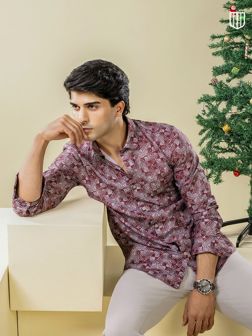 Wine Geometric Printed Casual Shirt