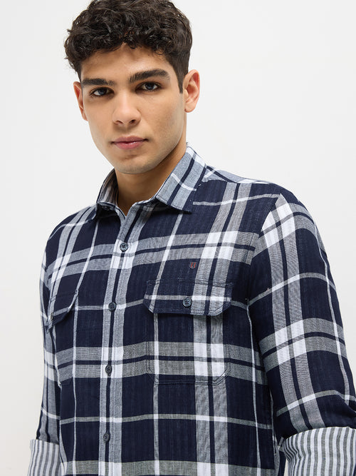 Indigo Blue Checked Casual Shirt With Two Pockets