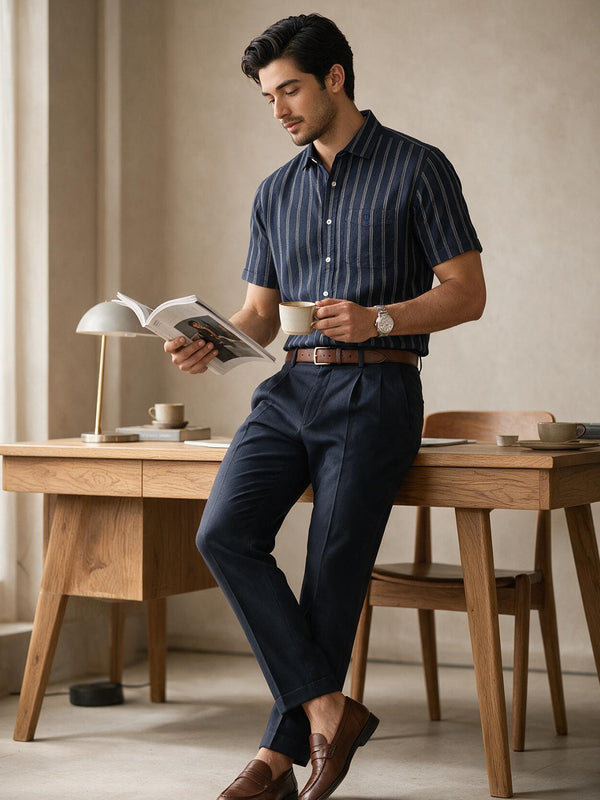 Ocean Navy Vertical Stripes Casual Shirt