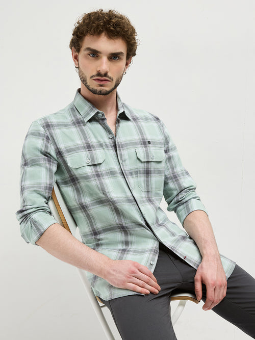 Mint Green Checked Casual Shirt With Two Pockets