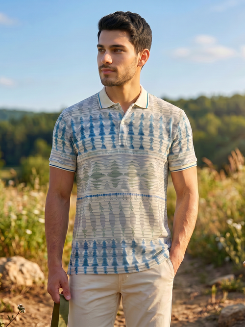 Sea Blue Printed Polo T Shirt