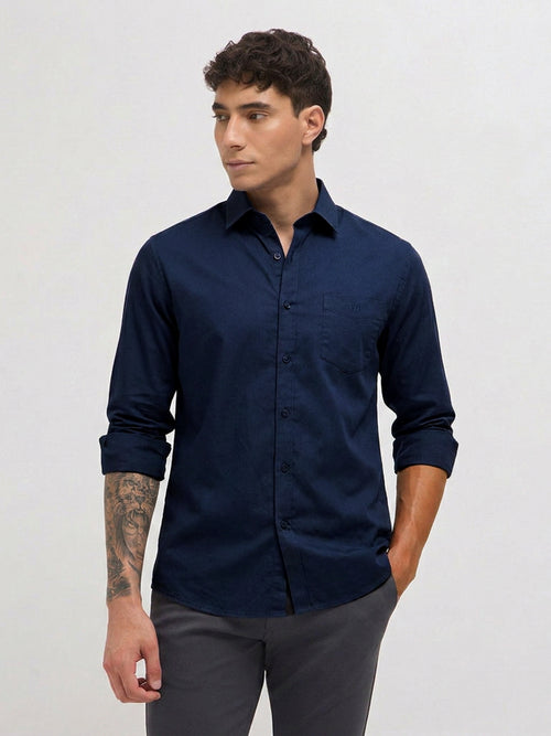 Navy Blue Solid Casual Shirt