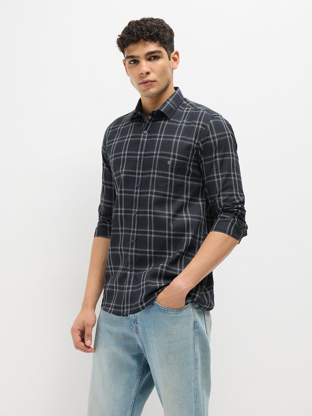 navy blue check shirt