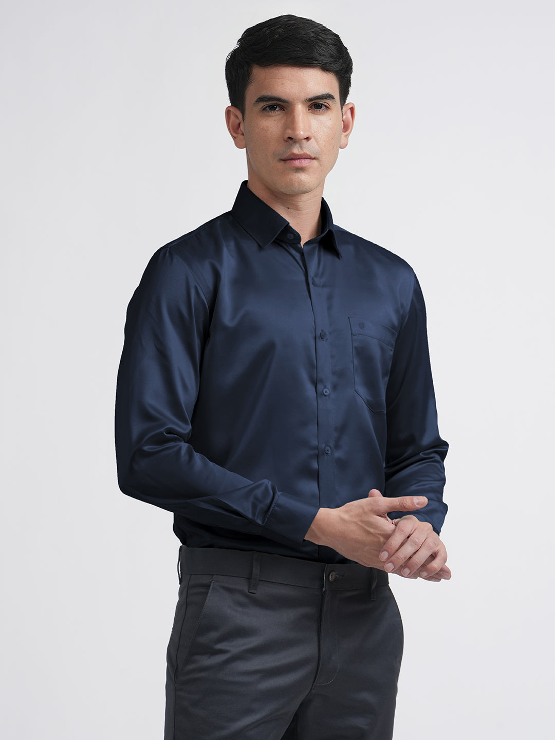 navy blue satin shirt men