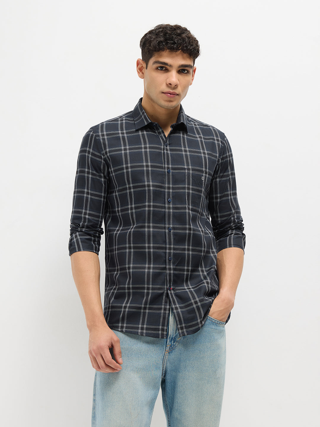 navy check shirt