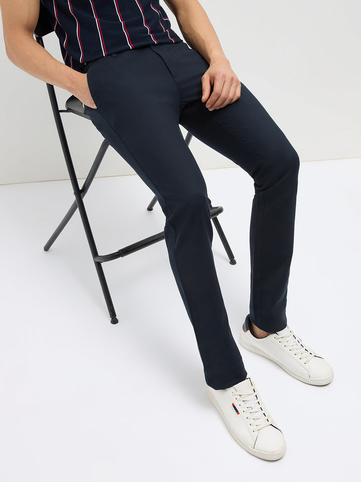 Navy Blue Solid Casual Trousers