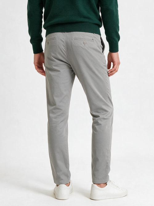 Grey Cotton Twill Satin Solid Casual Trousers