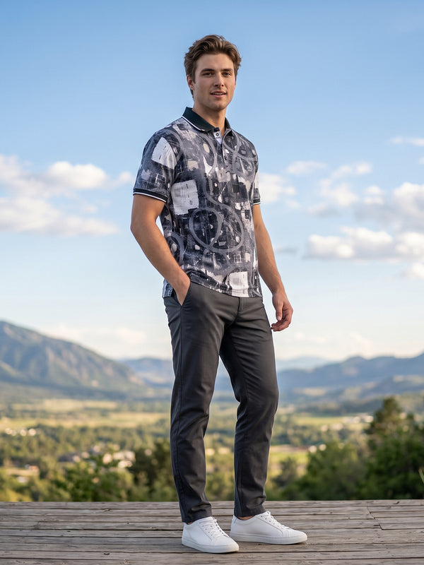 Black and Grey Abstract Printed Polo T Shirt
