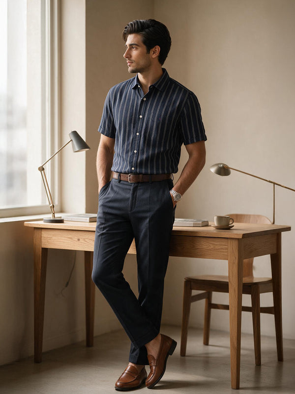 Ocean Navy Vertical Stripes Casual Shirt