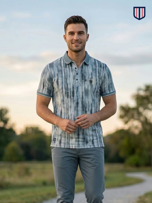Dusty Teal Stripe Printed Polo T Shirt