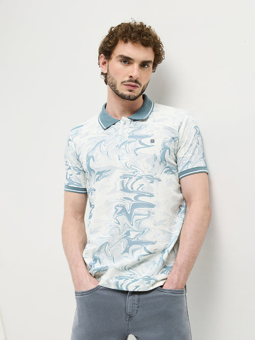 Teal Blue Printed Polo T Shirt