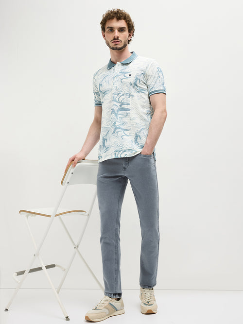 Teal Blue Printed Polo T Shirt