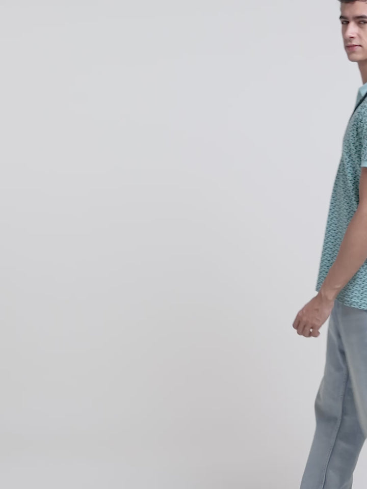 Aqua Green Printed Polo Casual T Shirt